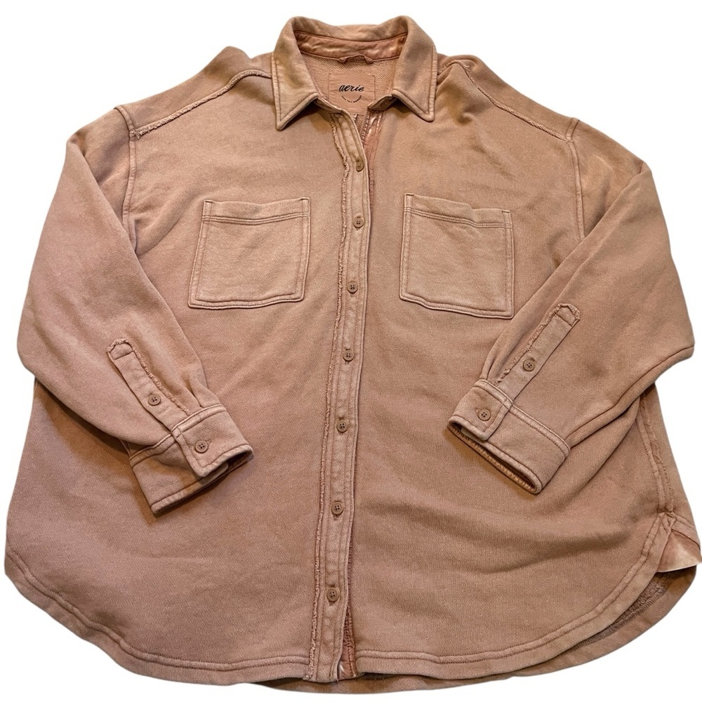 Aerie Oversized Fleece Button Down Shirt Jacket Lumberjane Toasty Taupe XS - Picture 2 of 10
